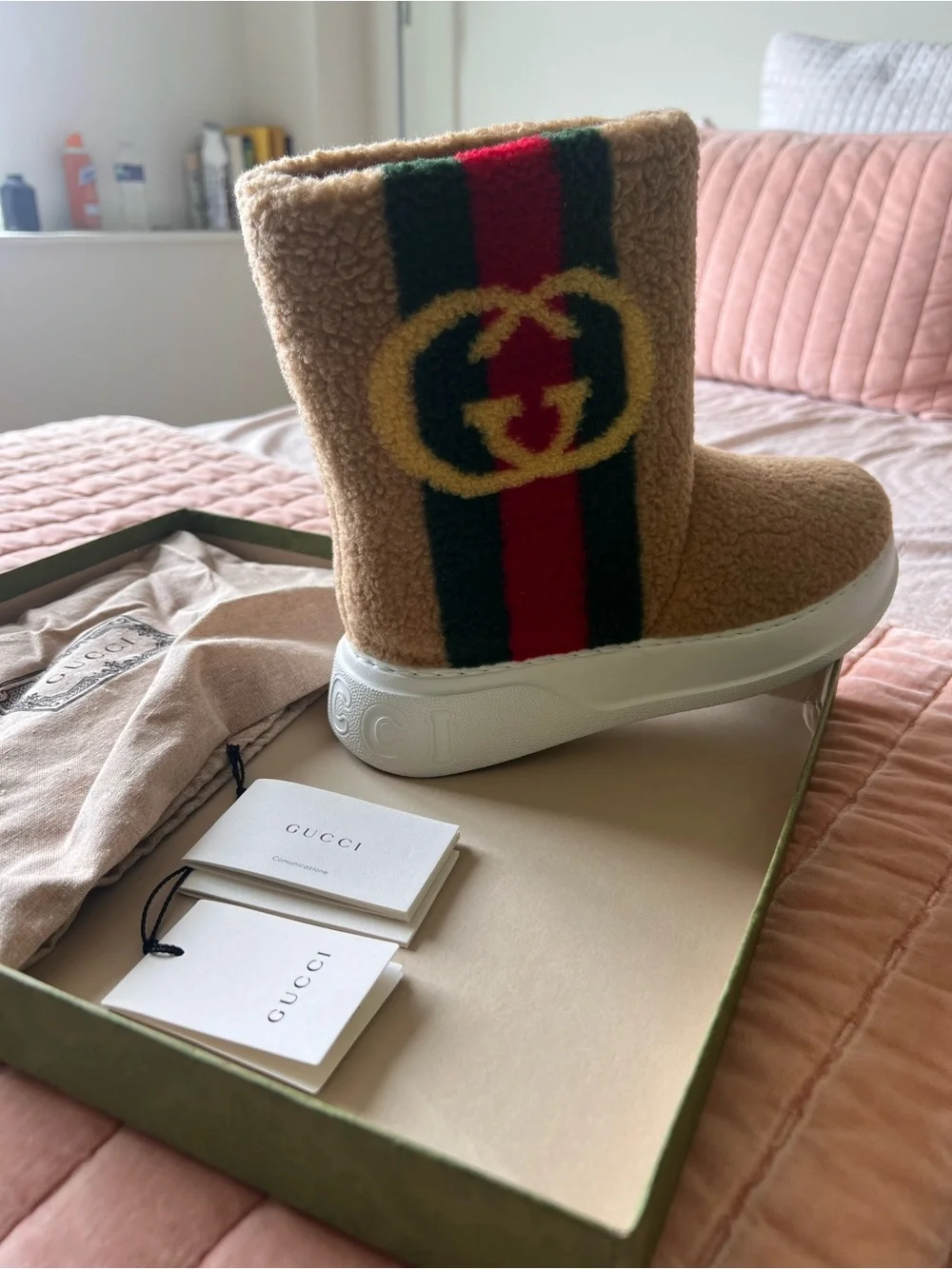 Gucci Tan Shearling Boot with Red & Green Stripe and Yellow Logo.